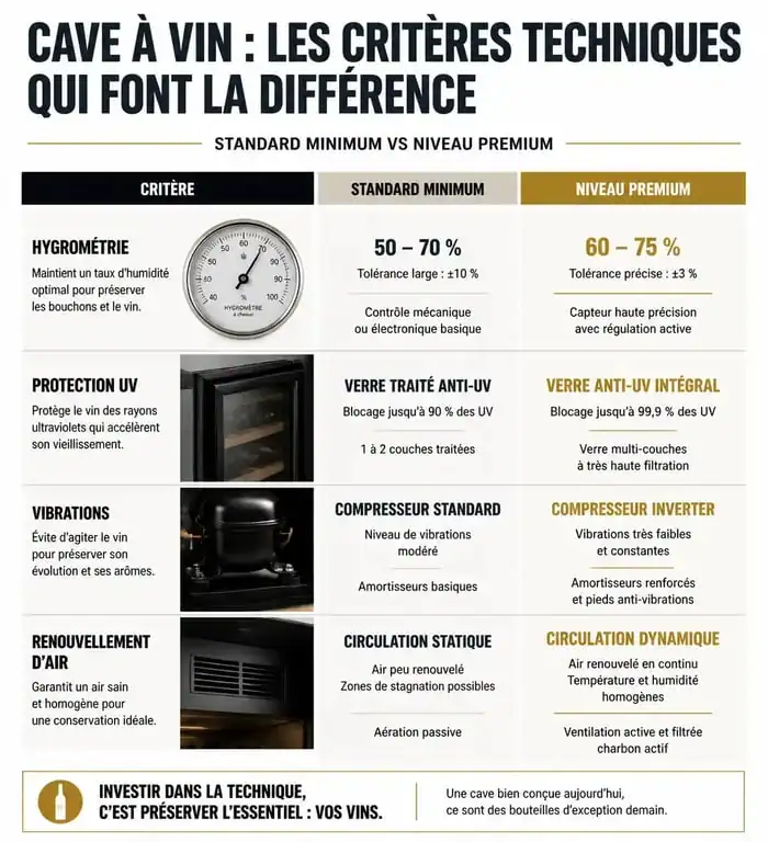 Infographie comparative des critères techniques pour choisir une cave à vin : hygrométrie, protection UV, vibrations et renouvellement d'air.
