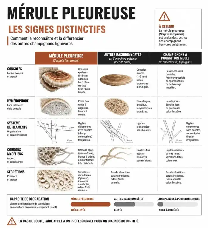 Infographie comparative des champignons lignivores et signes d'infestation de la mérule sur bois