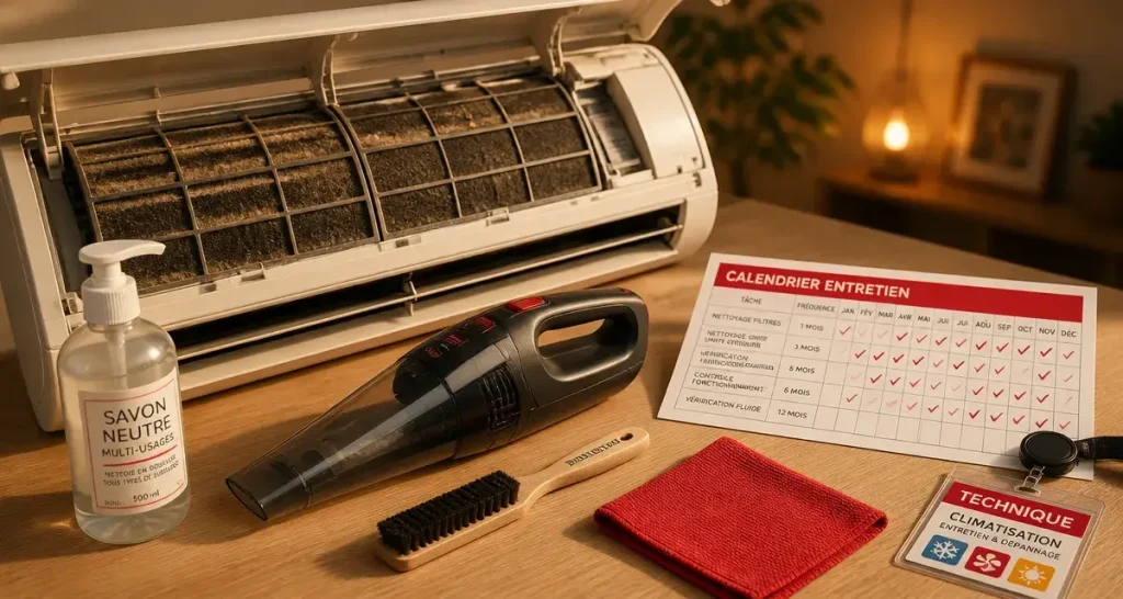 Entretien climatiseur : nettoyage filtre encrassé, avant et après