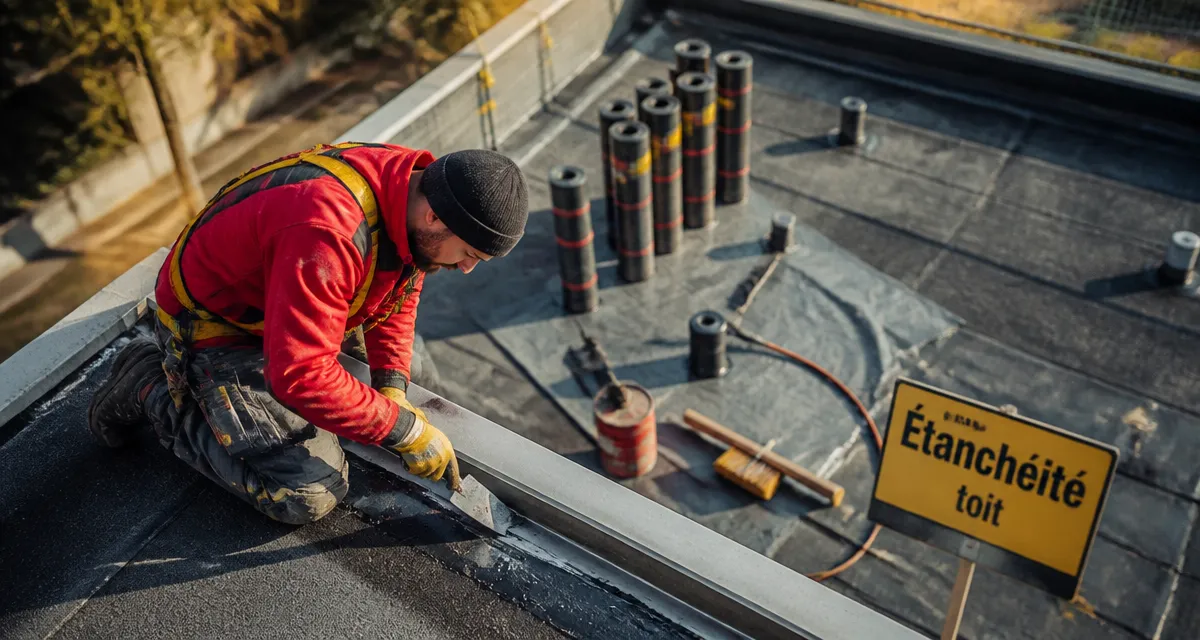 Étanchéité des toitures : couvreur pose membrane bitumineuse sur toiture-terrasse