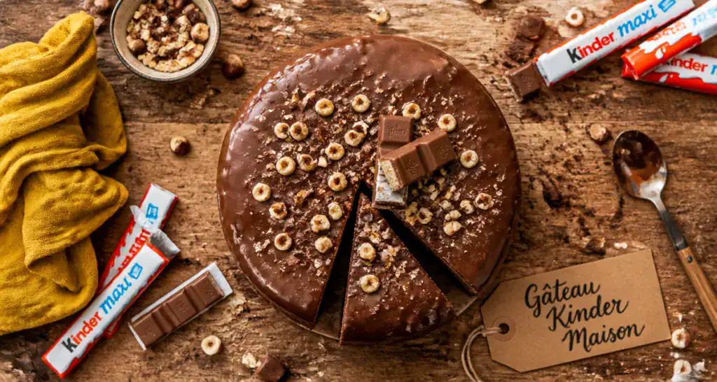 Gateau Kinder nappé de chocolat sur planche en bois