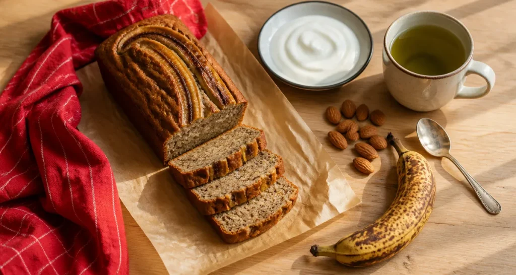 Goûter healthy : banana bread sans sucre, yaourt nature et amandes