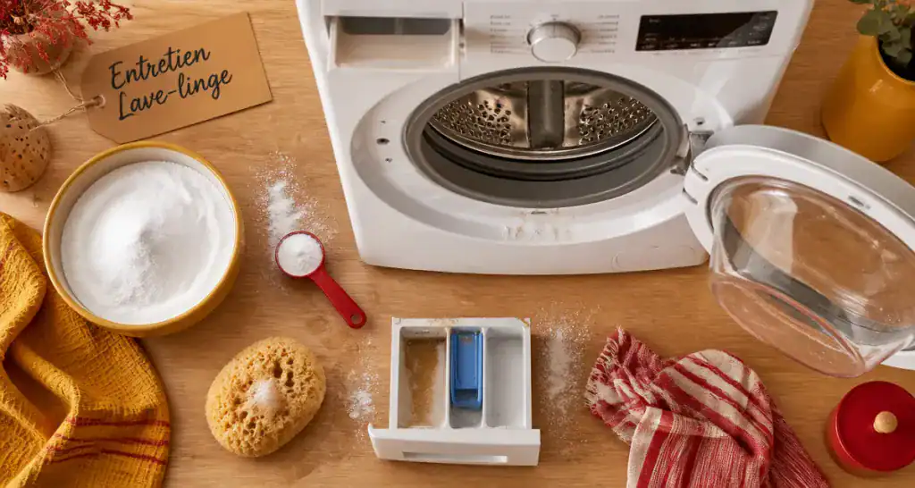 nettoyer machine à laver bicarbonate de soude vue flat-lay