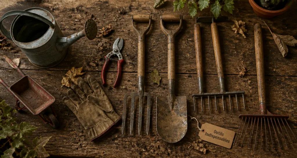 Outils de jardinage liste avec photos sur plan de travail bois