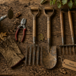 Outils de jardinage liste avec photos sur plan de travail bois
