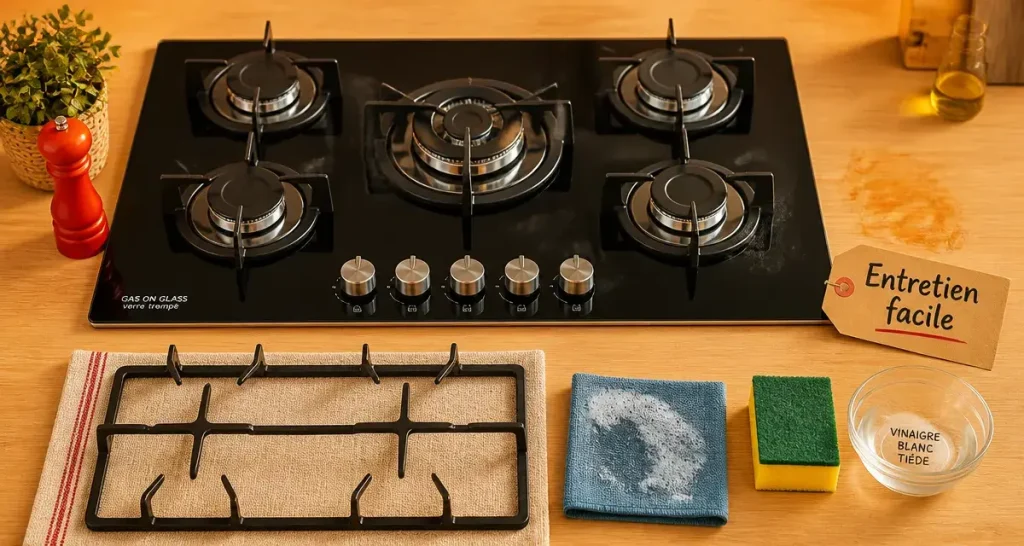 Plaque de cuisson gaz 5 feux facile à nettoyer, entretien rapide sans rayures