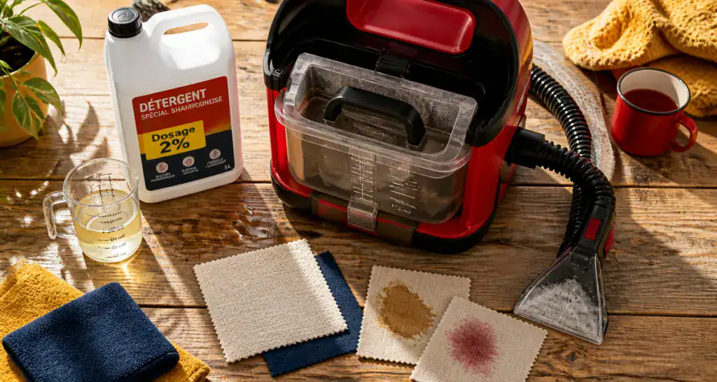 quel produit mettre dans une shampouineuse sur plan de travail avec tissus