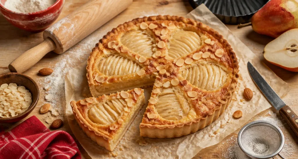 Recette sucrée avec pâte brisée : tarte amandine poires, pâte dorée sans détremper