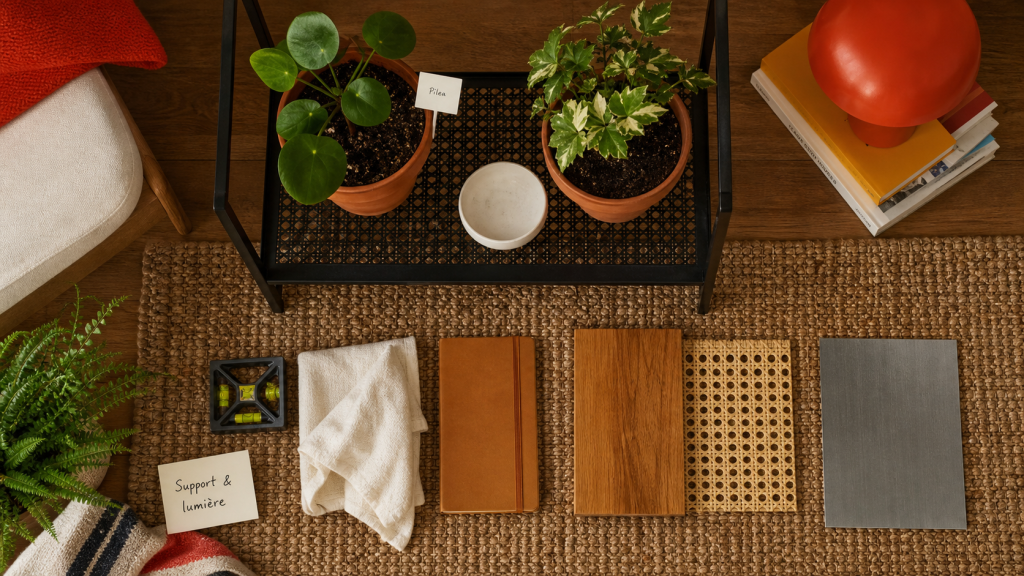 Support plante intérieur noir ajouré avec pots et soucoupe blanche, vue du dessus