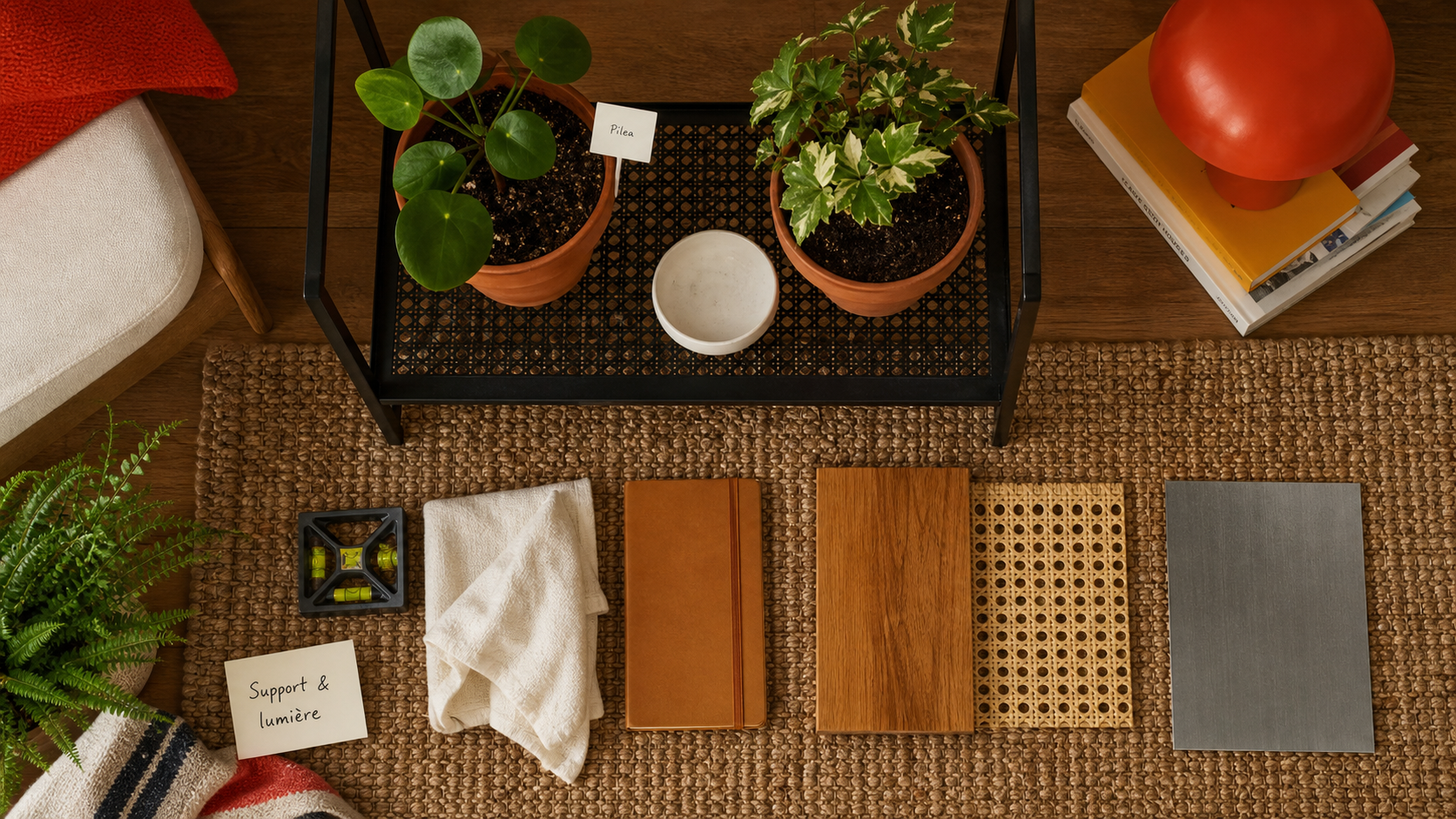 Support plante intérieur noir ajouré avec pots et soucoupe blanche, vue du dessus