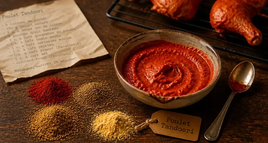 Tandoori epices : bol de marinade rouge yaourt et épices, vue de dessus