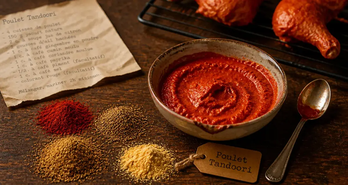 Tandoori epices : bol de marinade rouge yaourt et épices, vue de dessus