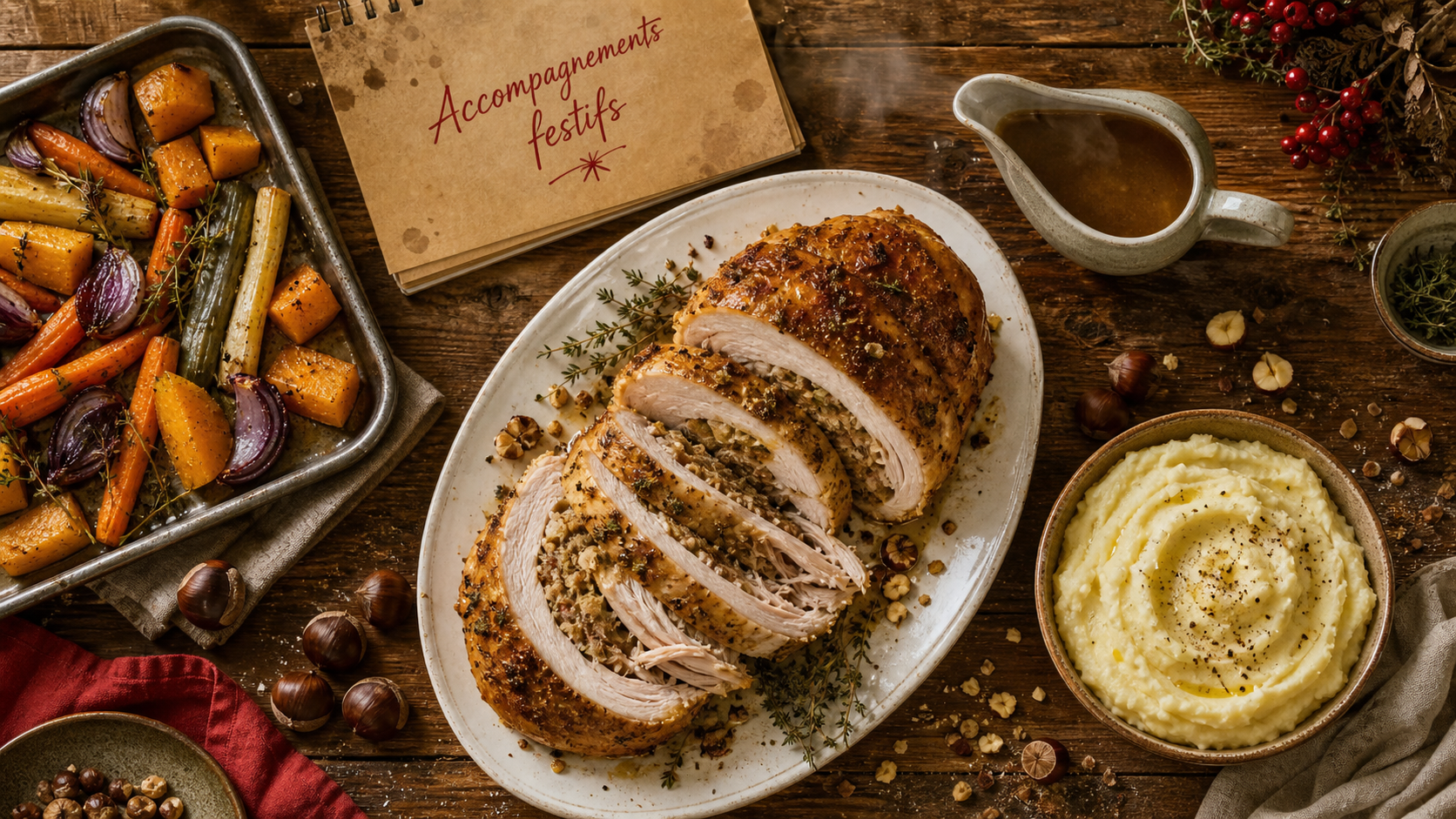 Accompagnement pour chapon farci : marrons et légumes rôtis, purée fondante