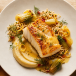 Accompagnement pour cabillaud : purée de céleri-rave, poireaux fondants, riz pilaf, citron et aneth