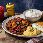 Accompagnement ratatouille : riz et protéines, aubergine, poivron, œufs au plat