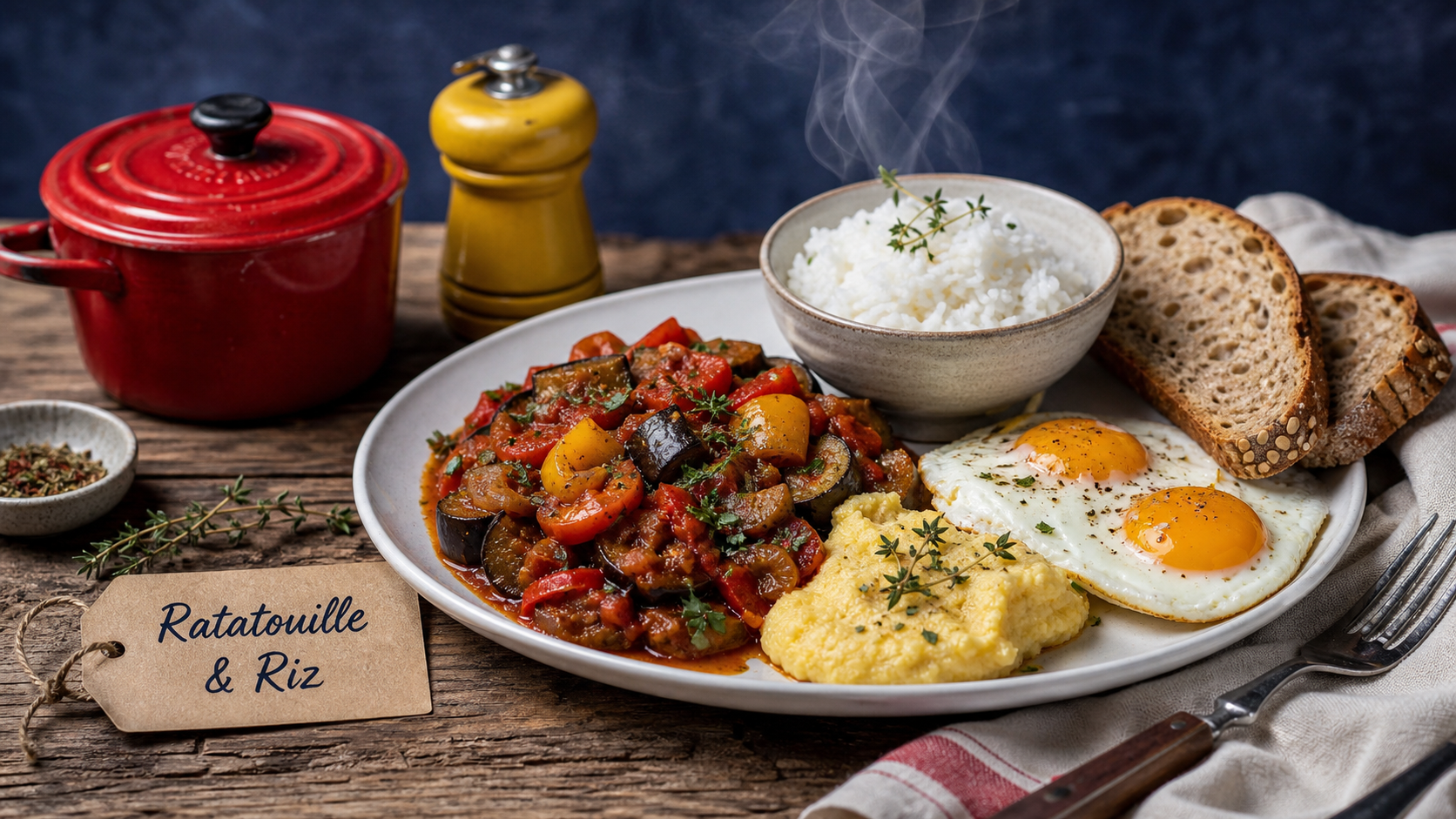 Accompagnement ratatouille : riz et protéines, aubergine, poivron, œufs au plat