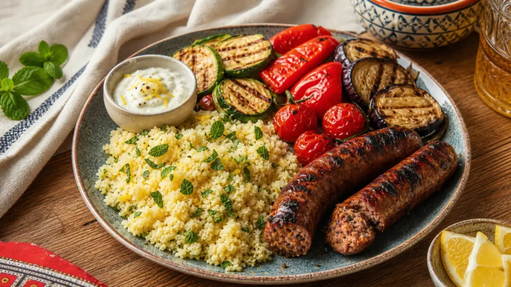 Accompagner merguez : semoule citronnée, légumes grillés et sauce yaourt-citron