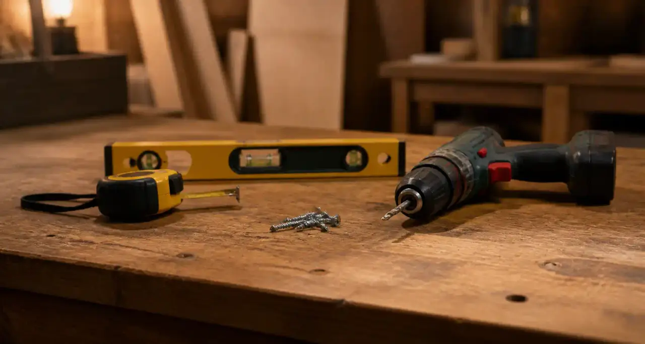 Établi de bricolage avec perceuse, niveau à bulle et mètre ruban