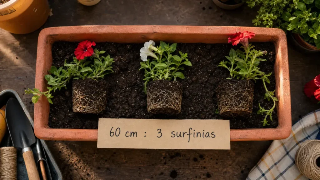 Combien de surfinia dans une jardinière : 3 plants pour 60 cm