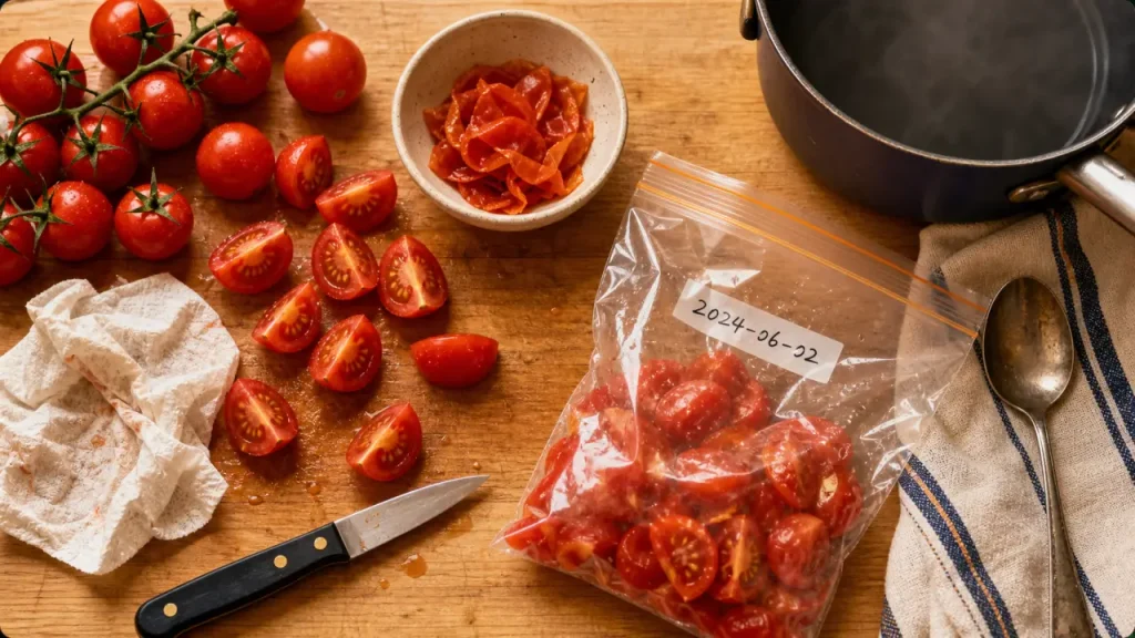 Congélation tomate crue : tomates entières, en dés ou mondées, prêtes au congélateur