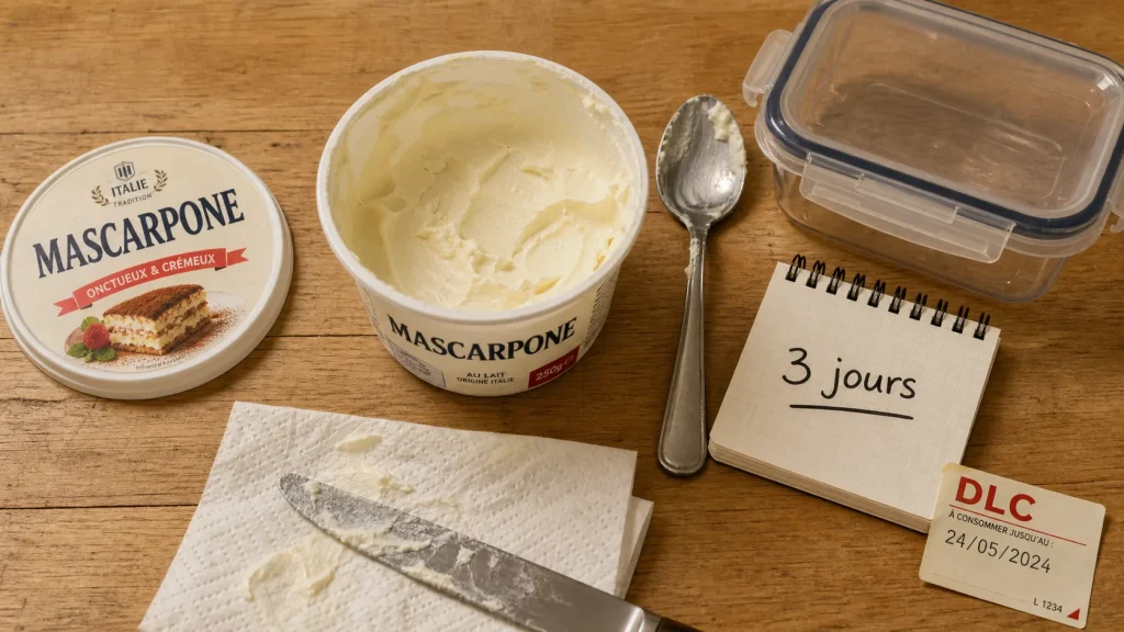 Conservation mascarpone ouvert : 3 jours au frais, 5 max