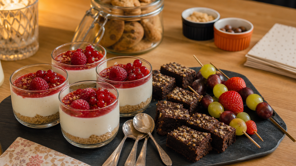 Dessert apéro dinatoire : mini-verrines cheesecake et bouchées sans couverts