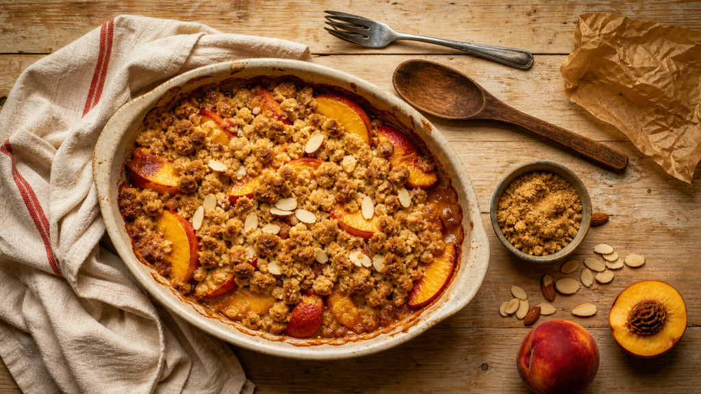 Desserts pêches : crumble aux pêches doré