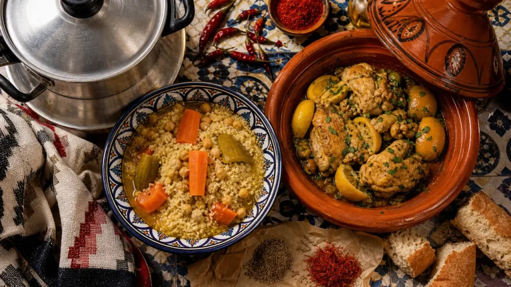 Différence entre tajine et couscous : semoule vapeur et tajine au poulet citron confit
