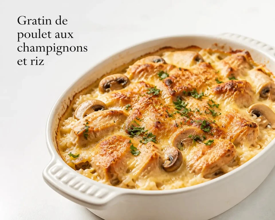 Plat a base de poulet : gratin de poulet aux champignons et riz doré au four