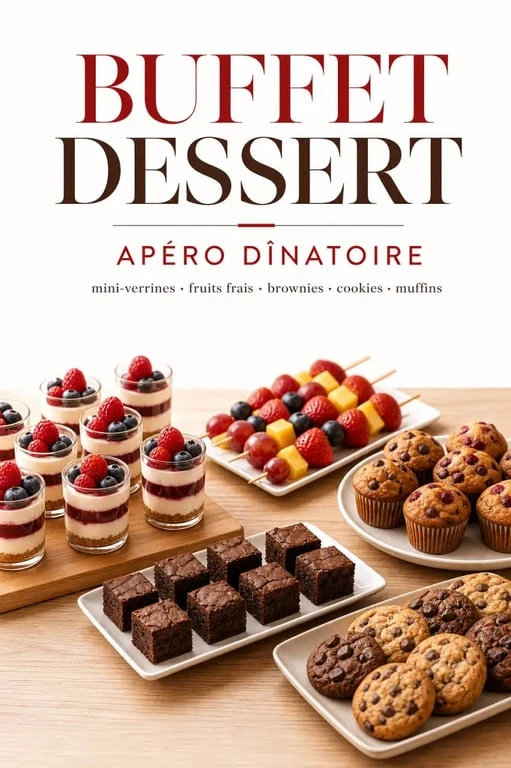 Dessert apéro dinatoire avec mini-verrines, fruits et bouchées sucrées sur un buffet convivial