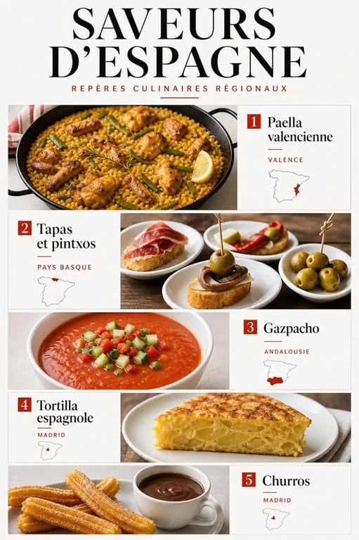 Plats espagnols emblématiques illustrés : paella, tapas, gazpacho, tortilla et churros