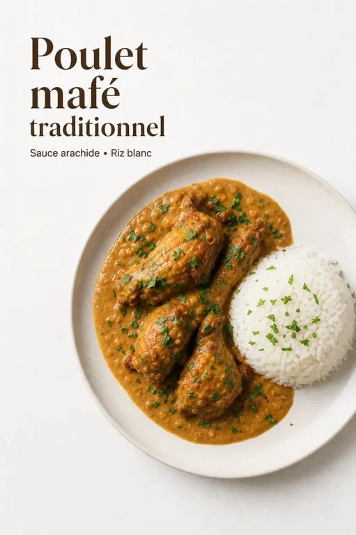 Plat de poulet mafé traditionnel, un met africain savoureux et onctueux.