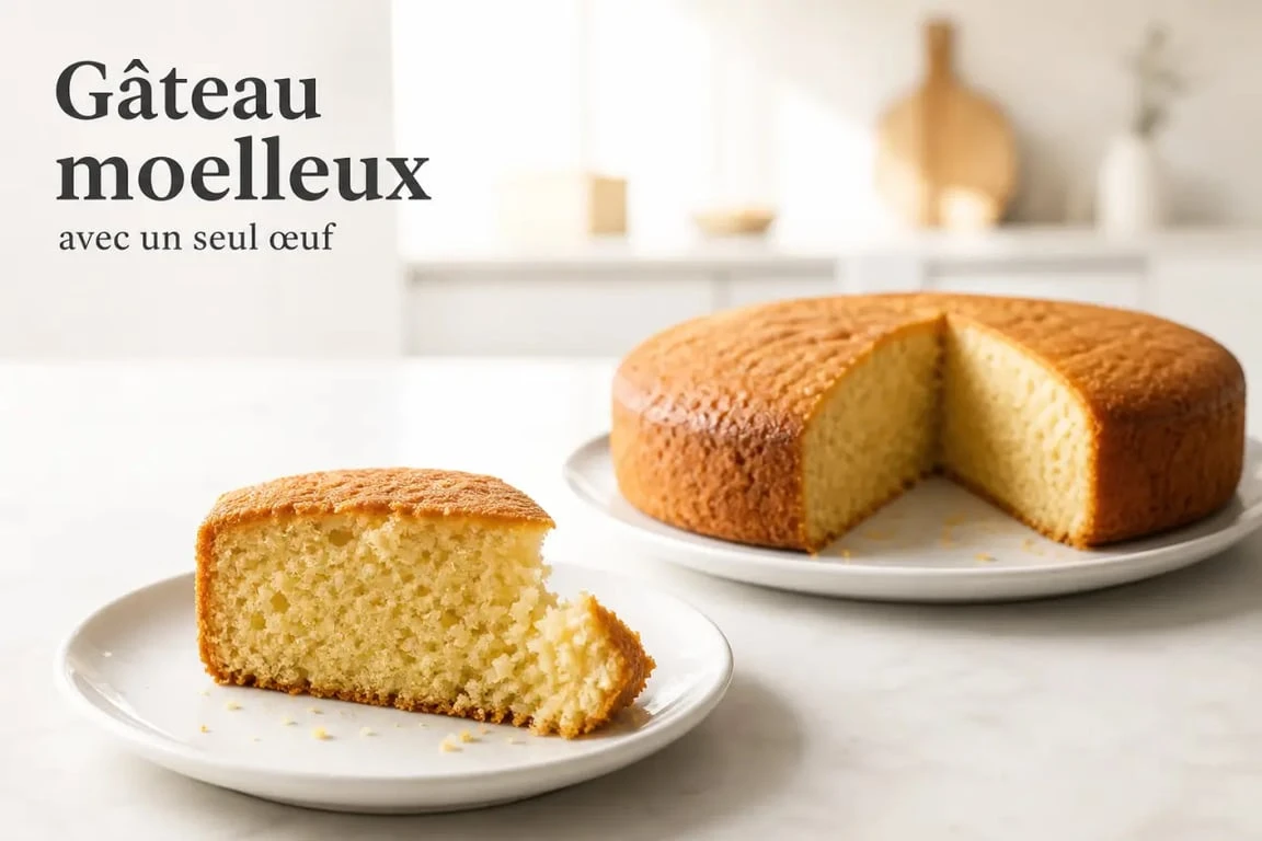 Un gateau avec un oeuf moelleux, servi sur une assiette blanche