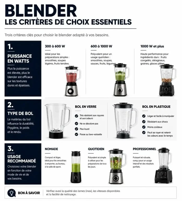 Infographie des critères pour choisir le meilleur blender selon l'usage et la puissance