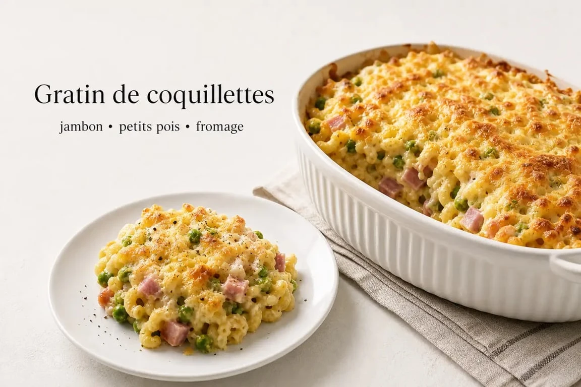 Recette facile pas cher : gratin de coquillettes au jambon, petits pois et fromage