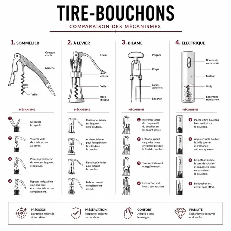 Schéma comparatif des différents types de tire-bouchons : sommelier, levier, bilame et électrique.