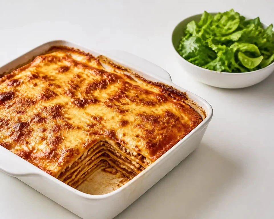 Recette 10 personnes de lasagnes familiales au bœuf, grand plat gratiné servi avec salade verte