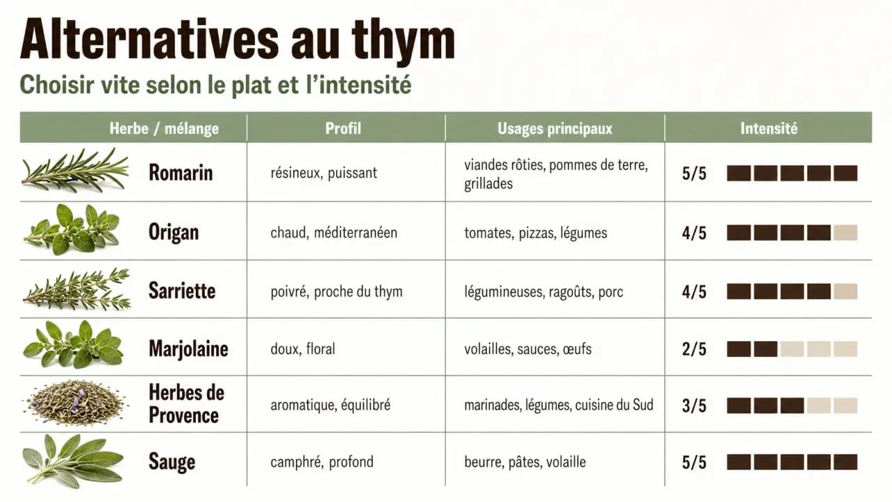 Par quoi remplacer le thym : tableau comparatif des meilleures herbes de substitution