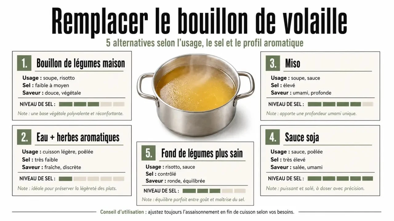 Par quoi remplacer le bouillon de volaille : tableau comparatif des meilleures alternatives