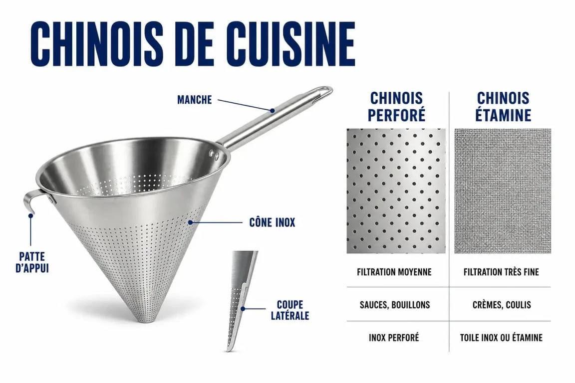 Ustensiles chinois cuisine : comparaison visuelle entre chinois perforé et chinois étamine