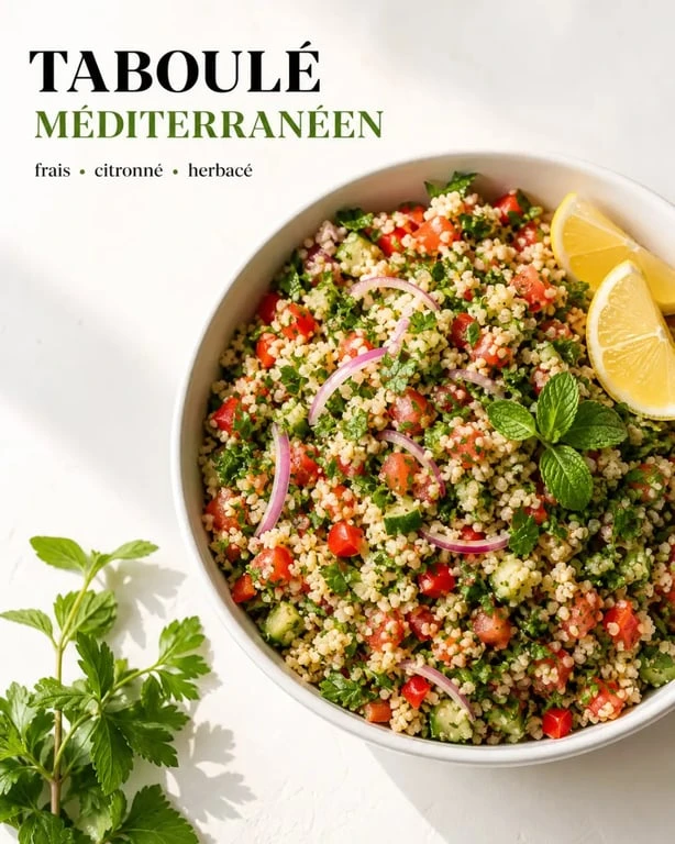 Recette taboulé méditerranéen frais et coloré dans un saladier, avec semoule, légumes et herbes