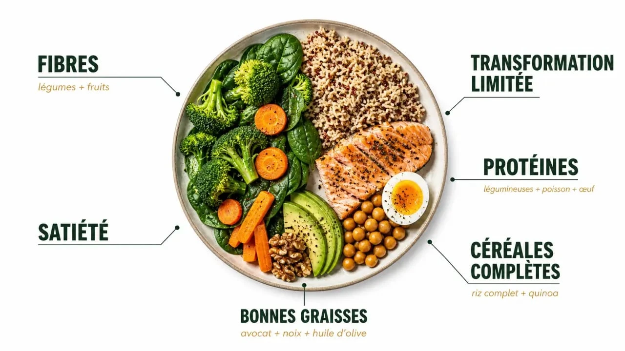Nourriture healthy : assiette équilibrée avec légumes, protéines, céréales complètes et bonnes graisses