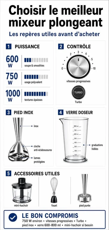 Infographie sur le meilleur mixeur plongeant avec les critères de puissance, accessoires et ergonomie