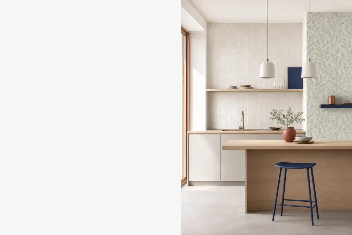 Tendance papier peint cuisine dans une cuisine contemporaine avec motifs végétaux, effet zellige et couleurs terreuses
