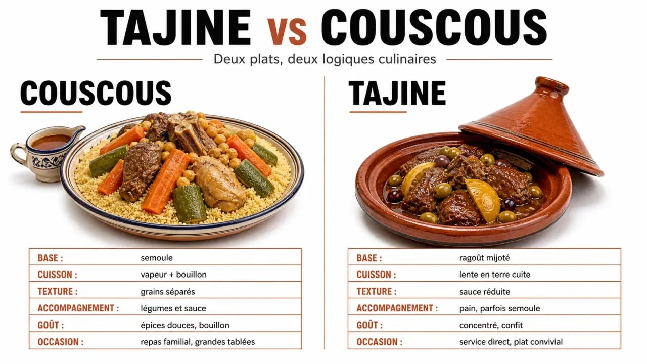 Différence entre tajine et couscous en illustration comparative