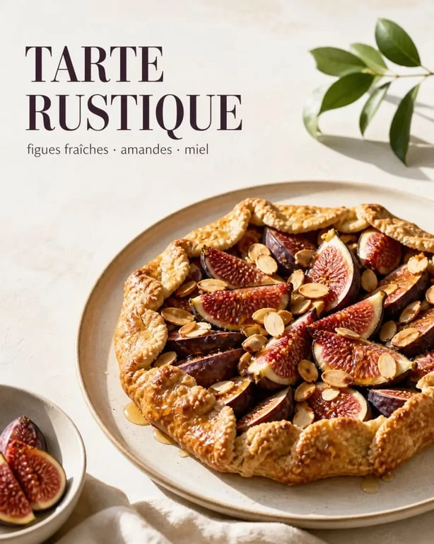 Dessert au figues fraiches : tarte rustique aux figues fraîches et amandes sur assiette blanche