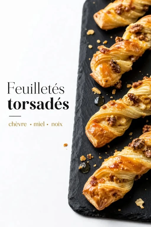 Recette feuilleté salé au chèvre, miel et noix, torsades croustillantes sur une ardoise.