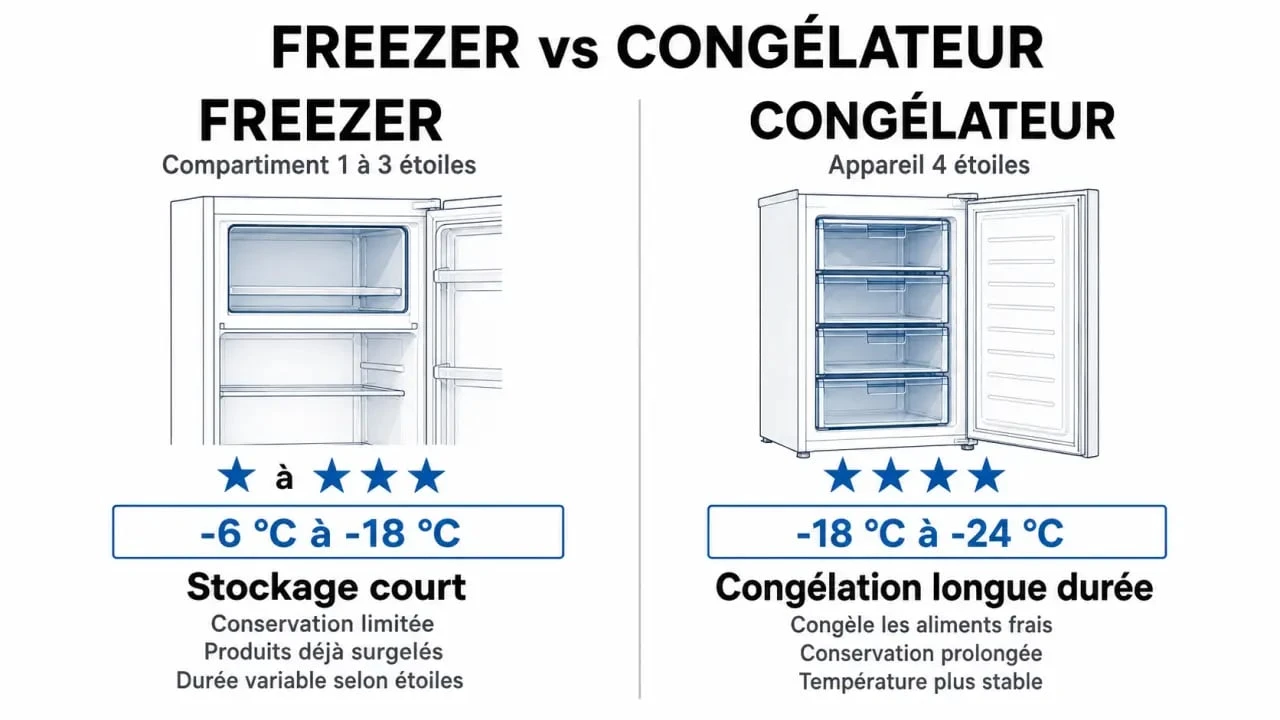 Infographie comparative freezer vs congélateur : différences de température et durée de conservation