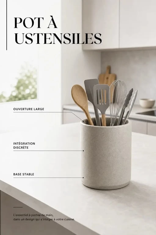 Pots pour ustensiles de cuisine sur un plan de travail dans une cuisine contemporaine