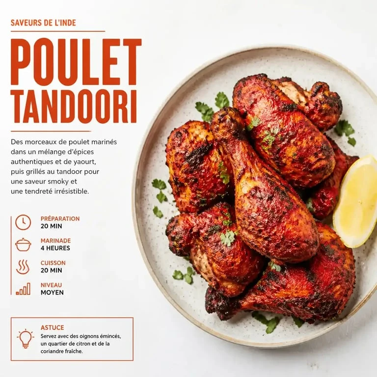 Poulet tandoori maison avec ses épices tandoori caractéristiques, prêt à être dégusté.